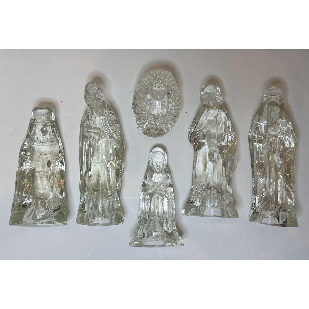 Vintage 6 Piece Clear Glass Nativity Set Mary Joseph Wisemen Jesus 4"